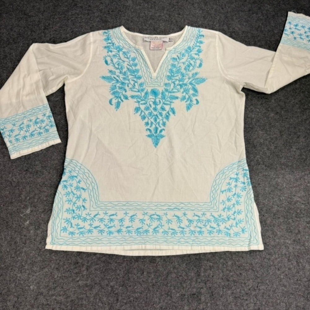 Gretchen Scott Designs Embroidered Beachy Boho Summer Blue V Neck Tunic Top